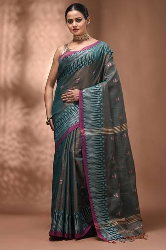Teal coloured handwoven tissue saree with woven design