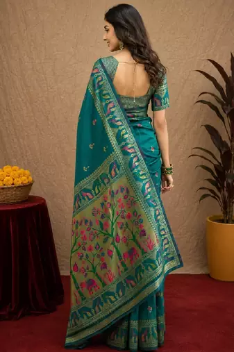 Teal blue soft silk blend banarasi jacuard work pethani saree with unstitched blouse piece