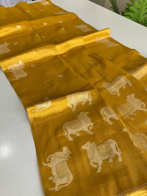 yellow coloer Zari All Over Pichwai Pattern Tilak Butti Motifs tissue saree 2