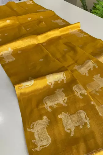 yellow coloer Zari All Over Pichwai Pattern Tilak Butti Motifs tissue saree
