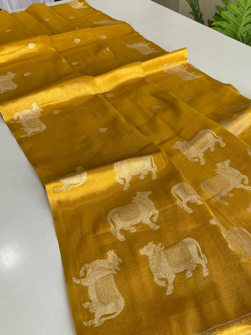 yellow coloer Zari All Over Pichwai Pattern Tilak Butti Motifs tissue saree
