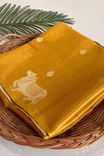 yellow coloer Zari All Over Pichwai Pattern Tilak Butti Motifs tissue saree