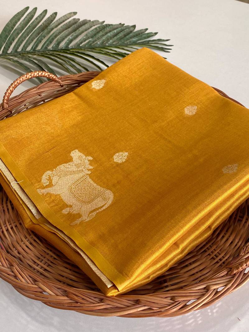 yellow coloer Zari All Over Pichwai Pattern Tilak Butti Motifs tissue saree