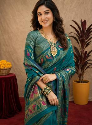 Teal blue soft silk blend banarasi jacuard work pethani saree with unstitched blouse piece 5