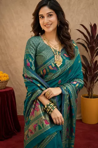 Teal blue soft silk blend banarasi jacuard work pethani saree with unstitched blouse piece