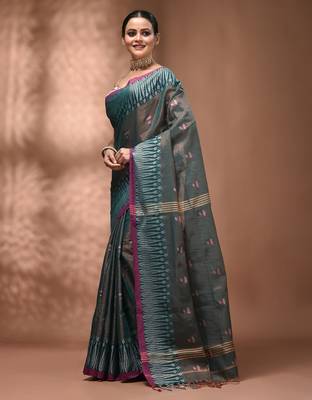 Teal coloured handwoven tissue saree with woven design 3