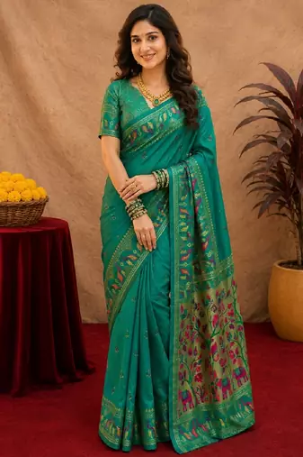 Teal green soft silk blend banarasi jacuard work pethani saree with unstitched blouse piece