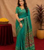 Teal green soft silk blend banarasi jacuard work pethani saree with unstitched blouse piece