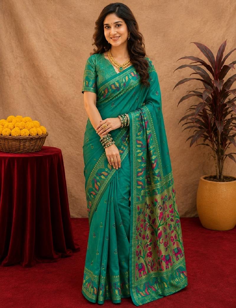 Teal green soft silk blend banarasi jacuard work pethani saree with unstitched blouse piece