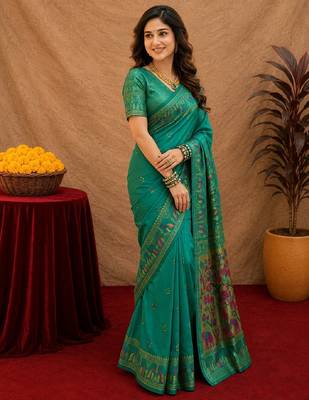 Teal green soft silk blend banarasi jacuard work pethani saree with unstitched blouse piece 2