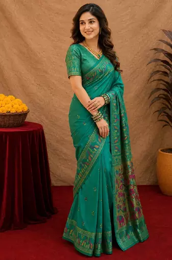Teal green soft silk blend banarasi jacuard work pethani saree with unstitched blouse piece