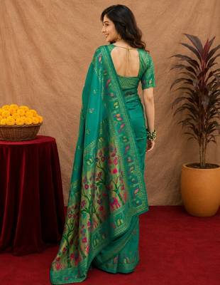 Teal green soft silk blend banarasi jacuard work pethani saree with unstitched blouse piece 3