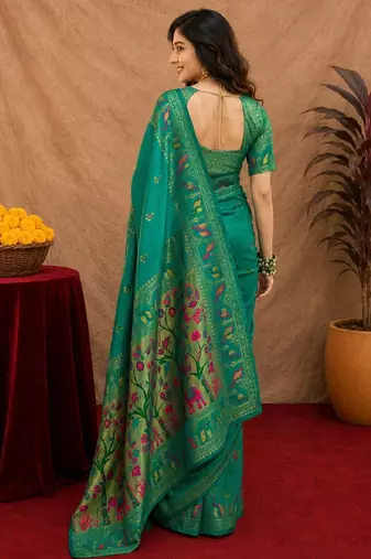 Teal green soft silk blend banarasi jacuard work pethani saree with unstitched blouse piece