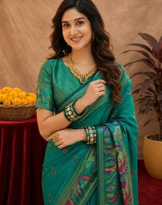 Teal green soft silk blend banarasi jacuard work pethani saree with unstitched blouse piece 4