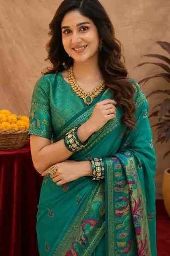 Teal green soft silk blend banarasi jacuard work pethani saree with unstitched blouse piece