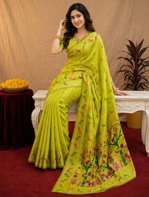 Parrot soft silk blend banarasi jacuard work pethani saree with unstitched blouse piece 1