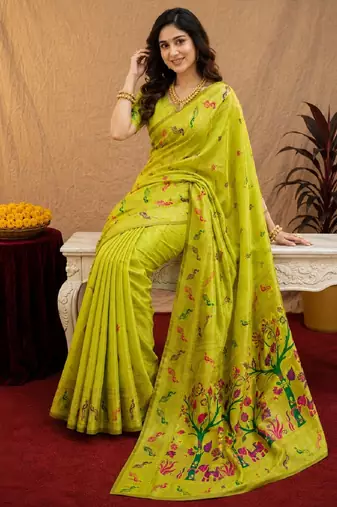 Parrot soft silk blend banarasi jacuard work pethani saree with unstitched blouse piece