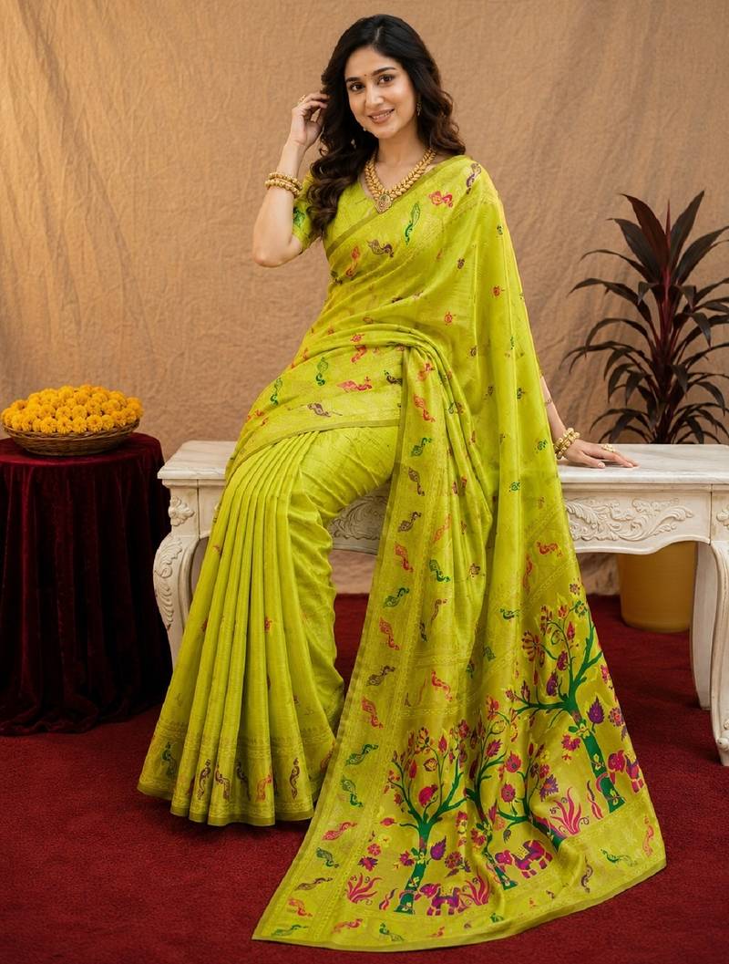 Parrot soft silk blend banarasi jacuard work pethani saree with unstitched blouse piece