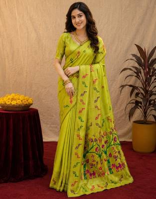 Parrot soft silk blend banarasi jacuard work pethani saree with unstitched blouse piece 2