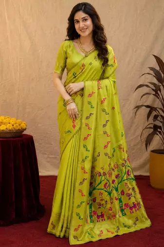 Parrot soft silk blend banarasi jacuard work pethani saree with unstitched blouse piece