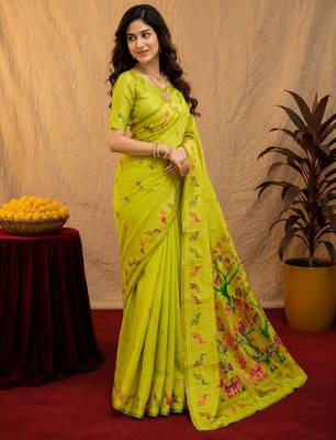 Parrot soft silk blend banarasi jacuard work pethani saree with unstitched blouse piece 3
