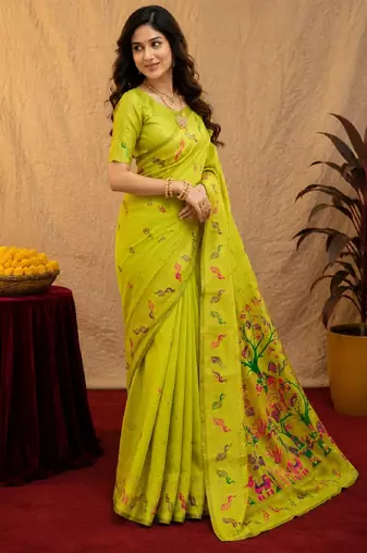 Parrot soft silk blend banarasi jacuard work pethani saree with unstitched blouse piece