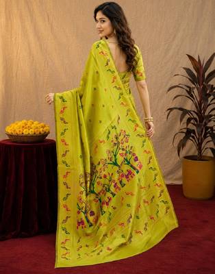 Parrot soft silk blend banarasi jacuard work pethani saree with unstitched blouse piece 4