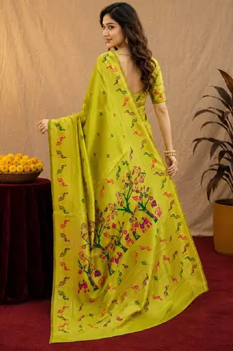 Parrot soft silk blend banarasi jacuard work pethani saree with unstitched blouse piece