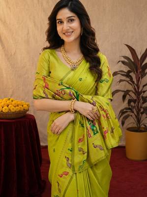 Parrot soft silk blend banarasi jacuard work pethani saree with unstitched blouse piece 5