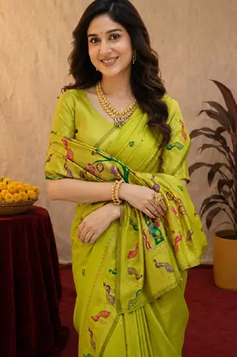 Parrot soft silk blend banarasi jacuard work pethani saree with unstitched blouse piece