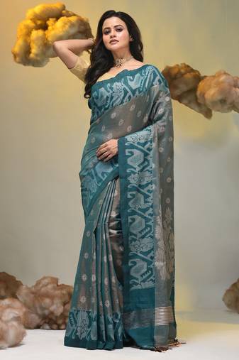 Teal tissue handwoven saree with jamdani borders