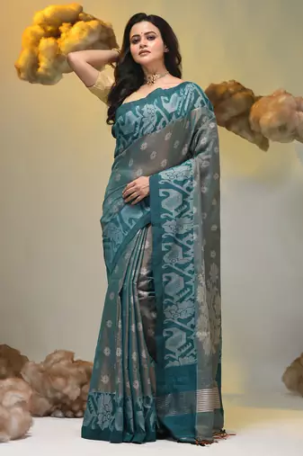 Teal tissue handwoven saree with jamdani borders