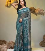 Teal tissue handwoven saree with jamdani borders