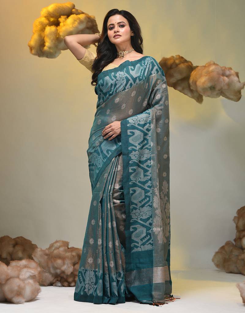 Teal tissue handwoven saree with jamdani borders