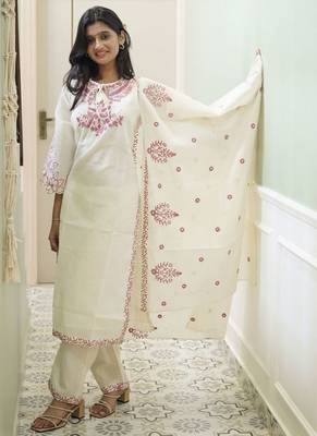 Ivory Cotton Kurta Set with Intricate Magenta Floral Embroidery 3-Piece Set 1