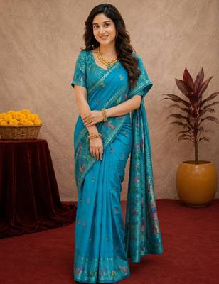 Turquoise soft silk blend banarasi jacuard work pethani saree with unstitched blouse piece 1