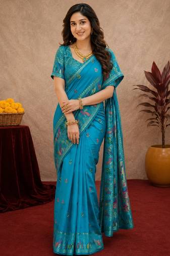 Turquoise soft silk blend banarasi jacuard work pethani saree with unstitched blouse piece