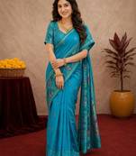 Turquoise soft silk blend banarasi jacuard work pethani saree with unstitched blouse piece
