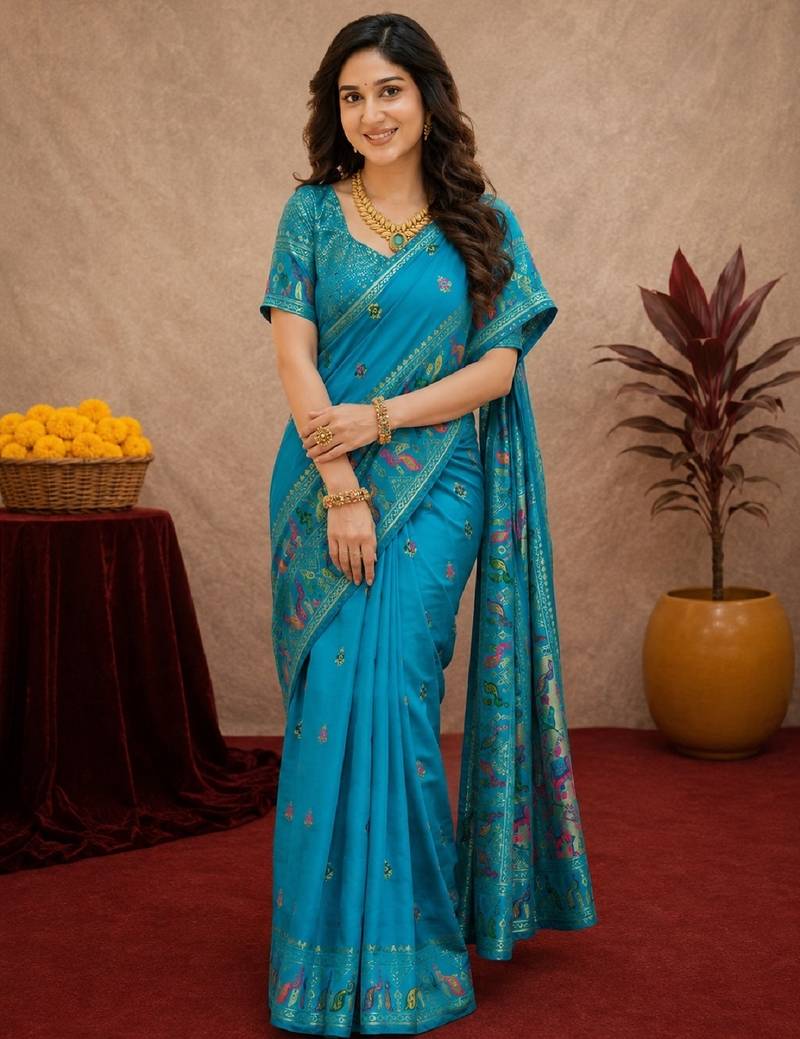 Turquoise soft silk blend banarasi jacuard work pethani saree with unstitched blouse piece