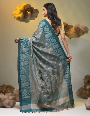 Teal tissue handwoven saree with jamdani borders 2