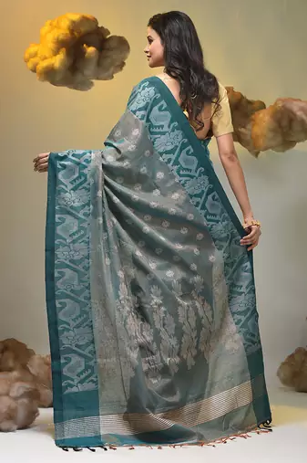 Teal tissue handwoven saree with jamdani borders