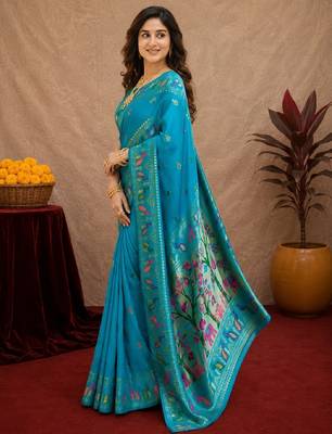 Turquoise soft silk blend banarasi jacuard work pethani saree with unstitched blouse piece 2