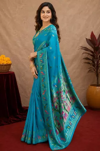 Turquoise soft silk blend banarasi jacuard work pethani saree with unstitched blouse piece
