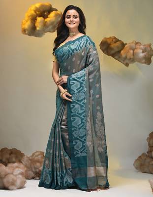 Teal tissue handwoven saree with jamdani borders 3
