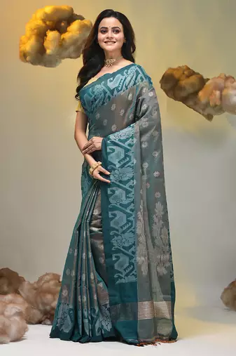 Teal tissue handwoven saree with jamdani borders
