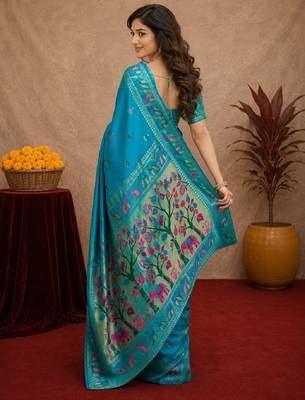 Turquoise soft silk blend banarasi jacuard work pethani saree with unstitched blouse piece 3