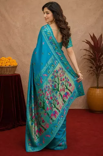 Turquoise soft silk blend banarasi jacuard work pethani saree with unstitched blouse piece