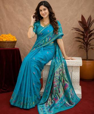 Turquoise soft silk blend banarasi jacuard work pethani saree with unstitched blouse piece 4