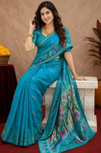 Turquoise soft silk blend banarasi jacuard work pethani saree with unstitched blouse piece