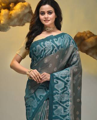 Teal tissue handwoven saree with jamdani borders 5